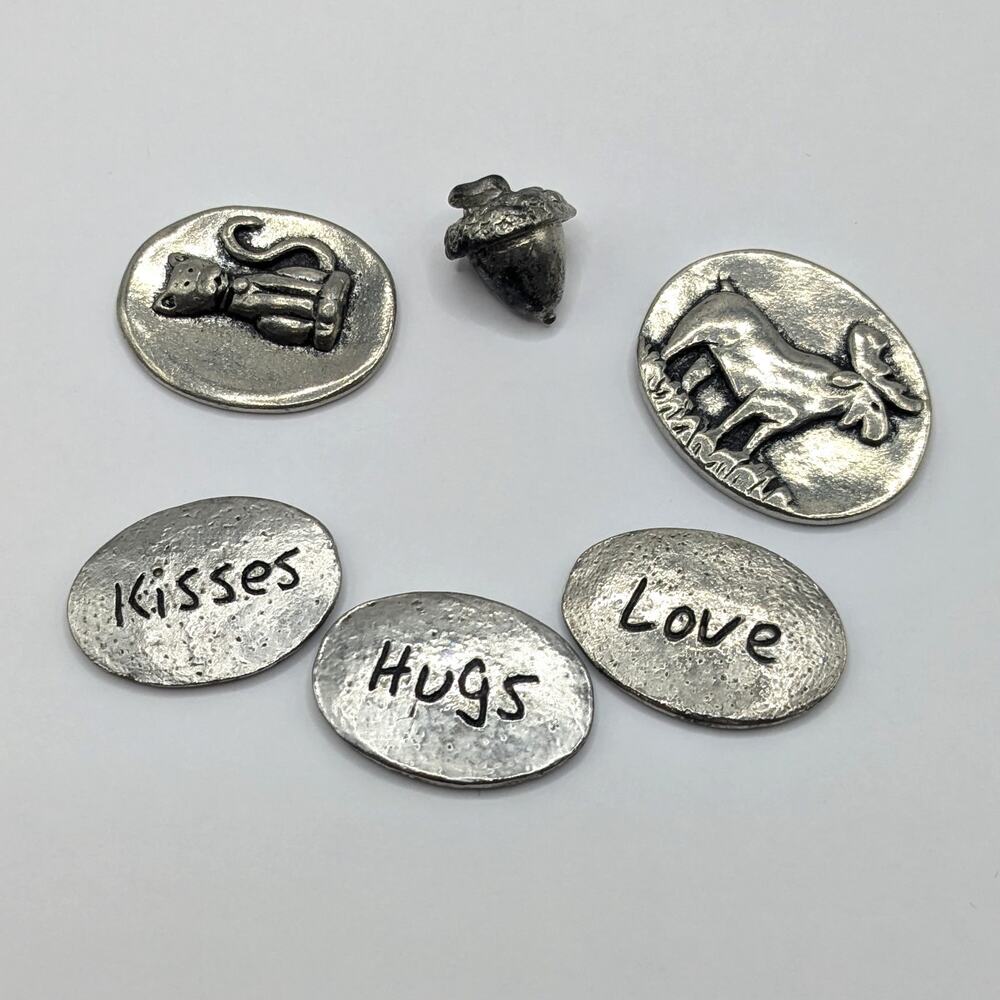 Lot of Pewter Charms Tokens Coins Basic Spirit Cat Moose Acorn Love Kisses Hugs